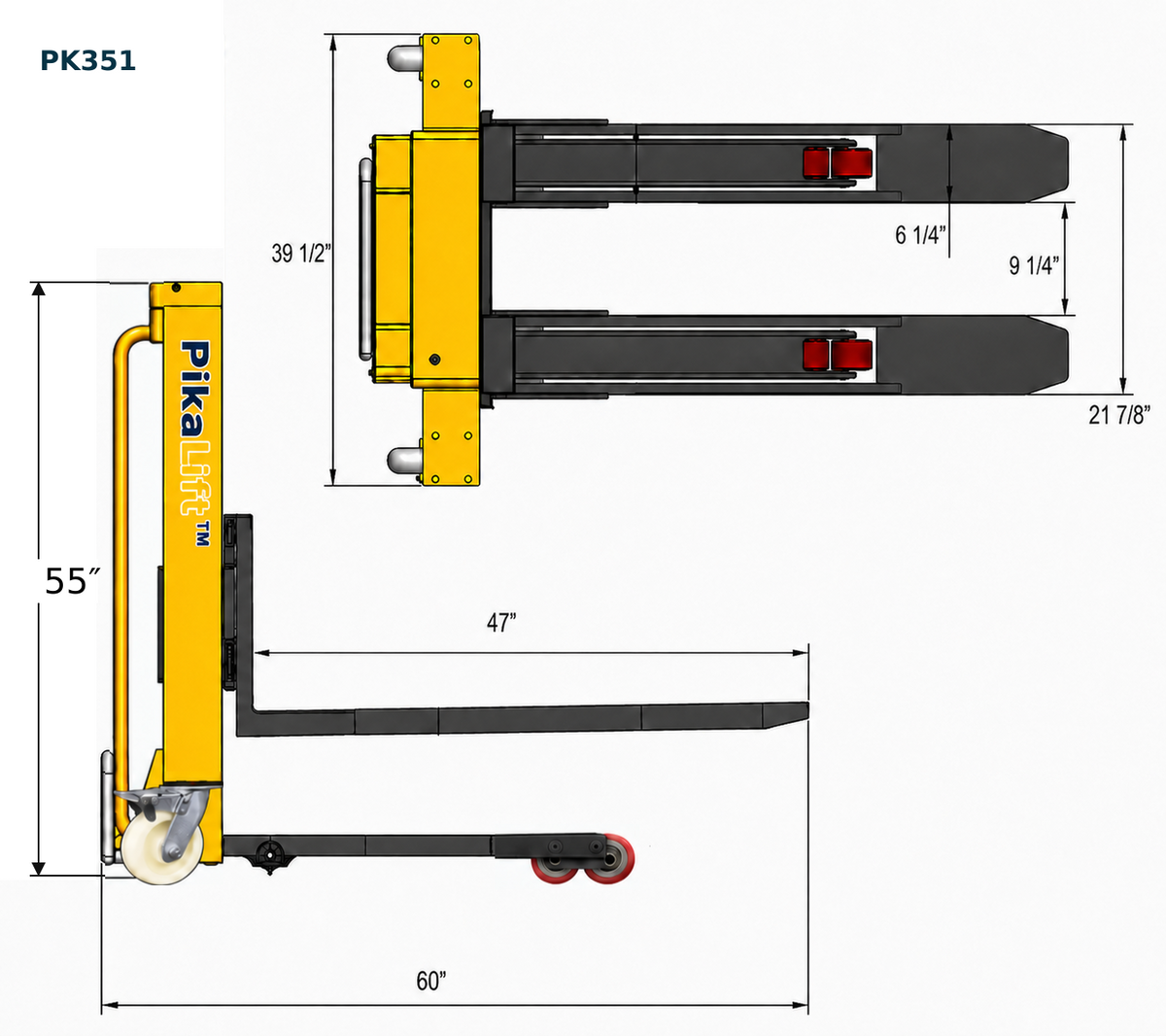 PikaLift PK351 dimension diagram showing 55-inch height, 60-inch overall length, 47-inch forks, and 39 1/2-inch overall width.