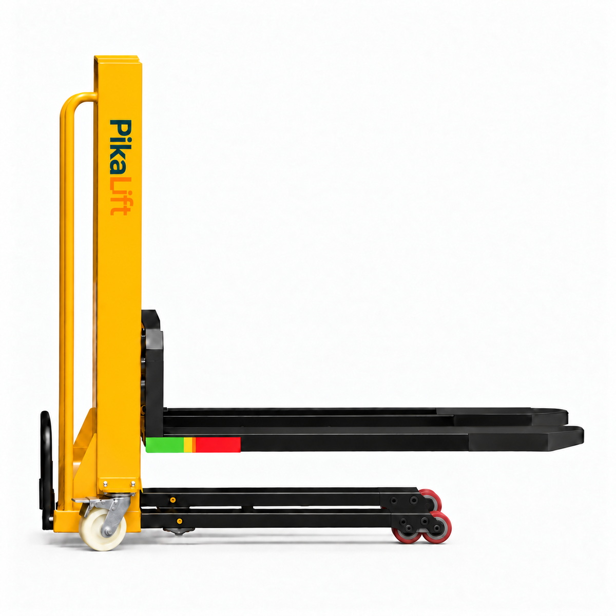 PikaLift PK351 portable pallet lift with raised black forks, shown from the side on a white background.